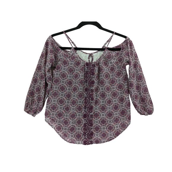 Rewind Cold Shoulder Blouse S Purple Mandala Print Scoop Lace Keyhole Strappy - Picture 9 of 9